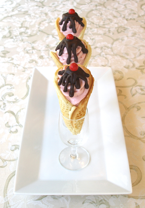Mini Pizzelle Cone Strawberry Mousse Bites